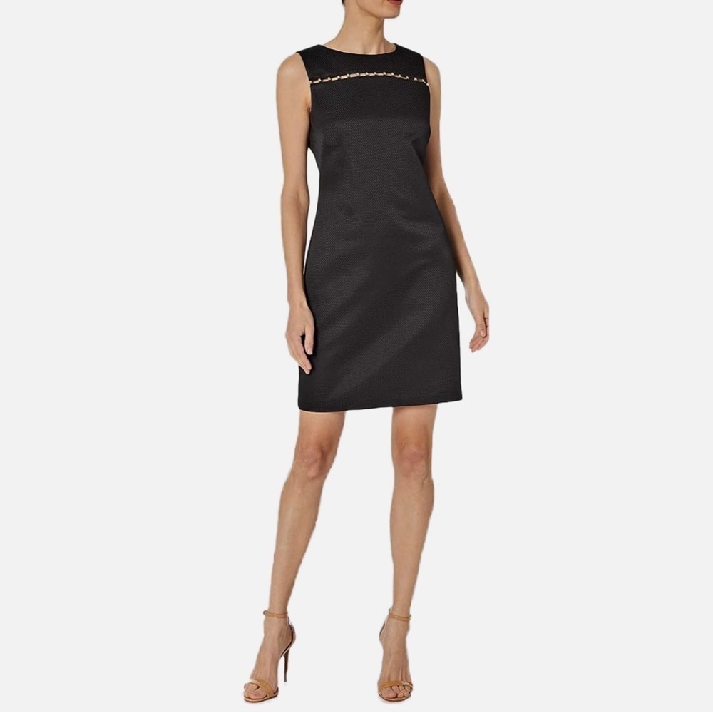 Ellen Tracy Elegant Black Sleeveless Dress Gold Tone Beads Cutout Womens size 8